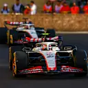 BAKU, AZERBAIJAN - APRIL 29: Nico Hulkenberg of Germany driving the (27) Haas F1 VF-23 Ferrari leads Kevin Magnussen of Denmark driving the (20) Haas F1 VF-23 Ferrari on track during the Sprint ahead of the F1 Grand Prix of Azerbaijan at Baku City Circuit on April 29, 2023 in Baku, Azerbaijan. (Photo by Alex Pantling/Getty Images)