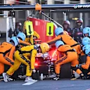 BAKU, AZERBAIJAN - APRIL 29: Lando Norris of Great Britain driving the (4) McLaren MCL60 Mercedes comes in for a pitstop during the Sprint ahead of the F1 Grand Prix of Azerbaijan at Baku City Circuit on April 29, 2023 in Baku, Azerbaijan. (Photo by Dan Mullan - Formula 1/Formula 1 via Getty Images)