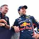 BAKU, AZERBAIJAN - APRIL 29: Sprint winner Sergio Perez of Mexico and Oracle Red Bull Racing talks with Red Bull Racing Team Principal Christian Horner in parc ferme during the Sprint ahead of the F1 Grand Prix of Azerbaijan at Baku City Circuit on April 29, 2023 in Baku, Azerbaijan. (Photo by Dan Mullan - Formula 1/Formula 1 via Getty Images)