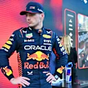 BAKU, AZERBAIJAN - APRIL 29: Third placed Max Verstappen of the Netherlands and Oracle Red Bull Racing (R) reacts in parc ferme during the Sprint ahead of the F1 Grand Prix of Azerbaijan at Baku City Circuit on April 29, 2023 in Baku, Azerbaijan. (Photo by Dan Mullan - Formula 1/Formula 1 via Getty Images)