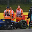 SPA, BELGIUM - JULY 28: Logan Sargeant of United States and Williams walks from his car after stopping on track during practice ahead of the F1 Grand Prix of Belgium at Circuit de Spa-Francorchamps on July 28, 2023 in Spa, Belgium. (Photo by Dan Mullan/Getty Images)