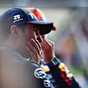 SPA, BELGIUM - JULY 28: Third placed qualifier Sergio Perez of Mexico and Oracle Red Bull Racing looks on in parc ferme during qualifying ahead of the F1 Grand Prix of Belgium at Circuit de Spa-Francorchamps on July 28, 2023 in Spa, Belgium. (Photo by Mario Renzi - Formula 1/Formula 1 via Getty Images)