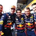 SPA, BELGIUM - JULY 29: Sprint winner Max Verstappen of the Netherlands and Oracle Red Bull Racing celebrates with his team in parc ferme during the Sprint ahead of the F1 Grand Prix of Belgium at Circuit de Spa-Francorchamps on July 29, 2023 in Spa, Belgium. (Photo by Mark Thompson/Getty Images)