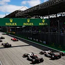 SAO PAULO, BRAZIL - NOVEMBER 05: Kevin Magnussen of Denmark driving the (20) Haas F1 VF-23 Ferrari, Nico Hulkenberg of Germany driving the (27) Haas F1 VF-23 Ferrari and Alexander Albon of Thailand driving the (23) Williams FW45 Mercedes battle for track position into turn one at the start during the F1 Grand Prix of Brazil at Autodromo Jose Carlos Pace on November 05, 2023 in Sao Paulo, Brazil. (Photo by Dan Istitene - Formula 1/Formula 1 via Getty Images)