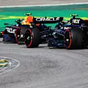 SAO PAULO, BRAZIL - NOVEMBER 05: Lewis Hamilton of Great Britain driving the (44) Mercedes AMG Petronas F1 Team W14 chases Sergio Perez of Mexico driving the (11) Oracle Red Bull Racing RB19 on track during the F1 Grand Prix of Brazil at Autodromo Jose Carlos Pace on November 05, 2023 in Sao Paulo, Brazil. (Photo by Mark Thompson/Getty Images)