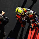 SAO PAULO, BRAZIL - NOVEMBER 05: Race winner Max Verstappen of the Netherlands and Oracle Red Bull Racing and Second placed Lando Norris of Great Britain and McLaren talk in parc ferme during the F1 Grand Prix of Brazil at Autodromo Jose Carlos Pace on November 05, 2023 in Sao Paulo, Brazil. (Photo by Mark Thompson/Getty Images)