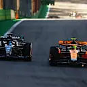 SAO PAULO, BRAZIL - NOVEMBER 04: Lando Norris of Great Britain driving the (4) McLaren MCL60 Mercedes leads George Russell of Great Britain driving the (63) Mercedes AMG Petronas F1 Team W14 on track during the Sprint ahead of the F1 Grand Prix of Brazil at Autodromo Jose Carlos Pace on November 04, 2023 in Sao Paulo, Brazil. (Photo by Mark Thompson/Getty Images)
