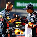 SAO PAULO, BRAZIL - NOVEMBER 04: Third placed Sergio Perez of Mexico and Oracle Red Bull Racing celebrates in parc ferme during the Sprint ahead of the F1 Grand Prix of Brazil at Autodromo Jose Carlos Pace on November 04, 2023 in Sao Paulo, Brazil. (Photo by Mark Thompson/Getty Images)