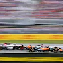 MONTREAL, QUEBEC - JUNE 18: Oscar Piastri of Australia driving the (81) McLaren MCL60 Mercedes and Nico Hulkenberg of Germany driving the (27) Haas F1 VF-23 Ferrari battle for position during the F1 Grand Prix of Canada at Circuit Gilles Villeneuve on June 18, 2023 in Montreal, Quebec. (Photo by Dan Mullan/Getty Images)