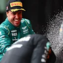 MONTREAL, QUEBEC - JUNE 18: Second placed Fernando Alonso of Spain and Aston Martin F1 Team celebrates on the podium during the F1 Grand Prix of Canada at Circuit Gilles Villeneuve on June 18, 2023 in Montreal, Quebec. (Photo by Dan Istitene - Formula 1/Formula 1 via Getty Images)