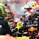 MONTREAL, QUEBEC - JUNE 18: Third placed Lewis Hamilton of Great Britain and Mercedes and Race winner Max Verstappen of the Netherlands and Oracle Red Bull Racing celebrate in parc ferme during the F1 Grand Prix of Canada at Circuit Gilles Villeneuve on June 18, 2023 in Montreal, Quebec. (Photo by Dan Istitene - Formula 1/Formula 1 via Getty Images)