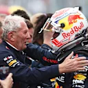 MONTREAL, QUEBEC - JUNE 18: Red Bull Racing Team Consultant Dr Helmut Marko and race winner Max Verstappen of the Netherlands and Oracle Red Bull Racing celebrate in parc ferme during the F1 Grand Prix of Canada at Circuit Gilles Villeneuve on June 18, 2023 in Montreal, Quebec. (Photo by Bryn Lennon - Formula 1/Formula 1 via Getty Images)