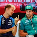MONTREAL, QUEBEC - JUNE 15: Alexander Albon of Thailand and Williams and Fernando Alonso of Spain and Aston Martin F1 Team talk in the Drivers Press Conference during previews ahead of the F1 Grand Prix of Canada at Circuit Gilles Villeneuve on June 15, 2023 in Montreal, Quebec. (Photo by Jared C. Tilton/Getty Images)