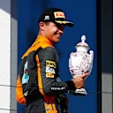 BUDAPEST, HUNGARY - JULY 23: Second placed Lando Norris of Great Britain and McLaren celebrates on the podium during the F1 Grand Prix of Hungary at Hungaroring on July 23, 2023 in Budapest, Hungary. (Photo by Francois Nel/Getty Images)
