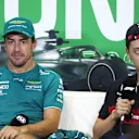 BUDAPEST, HUNGARY - JULY 20: Fernando Alonso of Spain and Aston Martin F1 Team and Zhou Guanyu of China and Alfa Romeo F1 attend the Drivers Press Conference during previews ahead of the F1 Grand Prix of Hungary at Hungaroring on July 20, 2023 in Budapest, Hungary. (Photo by Bryn Lennon/Getty Images)