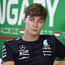 BUDAPEST, HUNGARY - JULY 20: George Russell of Great Britain and Mercedes attends the Drivers Press Conference during previews ahead of the F1 Grand Prix of Hungary at Hungaroring on July 20, 2023 in Budapest, Hungary. (Photo by Bryn Lennon/Getty Images)