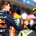 BUDAPEST, HUNGARY - JULY 22: Pole position qualifier Lewis Hamilton of Great Britain and Mercedes celebrates in parc ferme with second placed qualifier Max Verstappen of the Netherlands and Oracle Red Bull Racing during qualifying ahead of the F1 Grand Prix of Hungary at Hungaroring on July 22, 2023 in Budapest, Hungary. (Photo by Dan Istitene - Formula 1/Formula 1 via Getty Images)