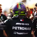 BUDAPEST, HUNGARY - JULY 22: Pole position qualifier Lewis Hamilton of Great Britain and Mercedes celebrates with his team in parc ferme during qualifying ahead of the F1 Grand Prix of Hungary at Hungaroring on July 22, 2023 in Budapest, Hungary. (Photo by Dan Istitene - Formula 1/Formula 1 via Getty Images)