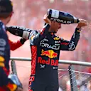MONZA, ITALY - SEPTEMBER 03: Second placed Sergio Perez of Mexico and Oracle Red Bull Racing celebrates on the podium during the F1 Grand Prix of Italy at Autodromo Nazionale Monza on September 03, 2023 in Monza, Italy. (Photo by Dan Istitene - Formula 1/Formula 1 via Getty Images)