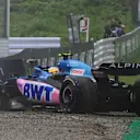 SUZUKA, JAPAN - SEPTEMBER 22: Pierre Gasly of France driving the (10) Alpine F1 A523 Renault crashes during practice ahead of the F1 Grand Prix of Japan at Suzuka International Racing Course on September 22, 2023 in Suzuka, Japan. (Photo by Clive Mason/Getty Images)