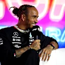 LAS VEGAS, NEVADA - NOVEMBER 15: Lewis Hamilton of Great Britain and Mercedes talks in the Drivers Press Conference during previews ahead of the F1 Grand Prix of Las Vegas at Las Vegas Strip Circuit on November 15, 2023 in Las Vegas, Nevada. (Photo by Jared C. Tilton/Getty Images)