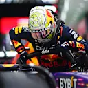 LAS VEGAS, NEVADA - NOVEMBER 18: Third placed qualifier Max Verstappen of the Netherlands and Oracle Red Bull Racing stops in parc ferme during qualifying ahead of the F1 Grand Prix of Las Vegas at Las Vegas Strip Circuit on November 18, 2023 in Las Vegas, Nevada. (Photo by Dan Istitene - Formula 1/Formula 1 via Getty Images)