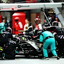 LAS VEGAS, NEVADA - NOVEMBER 18: Lewis Hamilton of Great Britain driving the (44) Mercedes AMG Petronas F1 Team W14 makes a pitstop during the F1 Grand Prix of Las Vegas at Las Vegas Strip Circuit on November 18, 2023 in Las Vegas, Nevada. (Photo by Dan Istitene - Formula 1/Formula 1 via Getty Images)