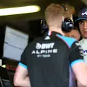 MEXICO CITY, MEXICO - OCTOBER 27: Esteban Ocon of France and Alpine F1 talks with Alpine F1 team members in the garage  during practice ahead of the F1 Grand Prix of Mexico at Autodromo Hermanos Rodriguez on October 27, 2023 in Mexico City, Mexico. (Photo by Dan Istitene - Formula 1/Formula 1 via Getty Images)