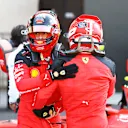 MEXICO CITY, MEXICO - OCTOBER 28: Pole position qualifier Charles Leclerc of Monaco and Ferrari celebrates with Second placed qualifier Carlos Sainz of Spain and Ferrari in parc fere during qualifying ahead of the F1 Grand Prix of Mexico at Autodromo Hermanos Rodriguez on October 28, 2023 in Mexico City, Mexico. (Photo by Mark Thompson/Getty Images)