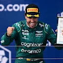 MIAMI, FLORIDA - MAY 07: Third placed Fernando Alonso of Spain and Aston Martin F1 Team celebrates on the podium during the F1 Grand Prix of Miami at Miami International Autodrome on May 07, 2023 in Miami, Florida. (Photo by Clive Mason - Formula 1/Formula 1 via Getty Images)