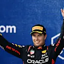 MIAMI, FLORIDA - MAY 07: Second placed Sergio Perez of Mexico and Oracle Red Bull Racing celebrates on the podium during the F1 Grand Prix of Miami at Miami International Autodrome on May 07, 2023 in Miami, Florida. (Photo by Clive Mason - Formula 1/Formula 1 via Getty Images)