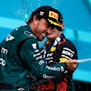 MIAMI, FLORIDA - MAY 07: Third placed Fernando Alonso of Spain and Aston Martin F1 Team celebrates on the podium during the F1 Grand Prix of Miami at Miami International Autodrome on May 07, 2023 in Miami, Florida. (Photo by Chris Graythen/Getty Images)