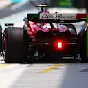 MIAMI, FLORIDA - MAY 06: Zhou Guanyu of China driving the (24) Alfa Romeo F1 C43 Ferrari makes a pitstop during final practice ahead of the F1 Grand Prix of Miami at Miami International Autodrome on May 06, 2023 in Miami, Florida. (Photo by Mark Thompson/Getty Images)
