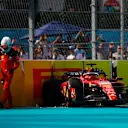 MIAMI, FLORIDA - MAY 06: Charles Leclerc of Monaco and Ferrari walks from his car after crashing during qualifying ahead of the F1 Grand Prix of Miami at Miami International Autodrome on May 06, 2023 in Miami, Florida. (Photo by Jared C. Tilton/Getty Images)