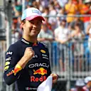 MIAMI, FLORIDA - MAY 06: Pole position qualifier Sergio Perez of Mexico and Oracle Red Bull Racing celebrates in parc ferme during qualifying ahead of the F1 Grand Prix of Miami at Miami International Autodrome on May 06, 2023 in Miami, Florida. (Photo by Mark Thompson/Getty Images)