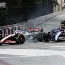 MONTE-CARLO, MONACO - MAY 28: Nico Hulkenberg of Germany driving the (27) Haas F1 VF-23 Ferrari collides with Logan Sargeant of United States driving the (2) Williams FW45 Mercedes during the F1 Grand Prix of Monaco at Circuit de Monaco on May 28, 2023 in Monte-Carlo, Monaco. (Photo by Ryan Pierse/Getty Images)