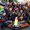 MONTE-CARLO, MONACO - MAY 28: Race winner Max Verstappen of the Netherlands and Oracle Red Bull Racing celebrates with his team after the F1 Grand Prix of Monaco at Circuit de Monaco on May 28, 2023 in Monte-Carlo, Monaco. (Photo by Mark Thompson/Getty Images)