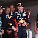MONTE-CARLO, MONACO - MAY 28: Race winner Max Verstappen of the Netherlands and Oracle Red Bull Racing, Second placed Fernando Alonso of Spain and Aston Martin F1 Team and Third placed Esteban Ocon of France and Alpine F1 celebrate on the podium during the F1 Grand Prix of Monaco at Circuit de Monaco on May 28, 2023 in Monte-Carlo, Monaco. (Photo by Bryn Lennon - Formula 1/Formula 1 via Getty Images)