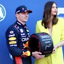 MONTE-CARLO, MONACO - MAY 27: Pole position qualifier Max Verstappen of the Netherlands and Oracle Red Bull Racing is presented with the Pirelli Pole Position Award by Maria Sharapova during qualifying ahead of the F1 Grand Prix of Monaco at Circuit de Monaco on May 27, 2023 in Monte-Carlo, Monaco. (Photo by Dan Istitene - Formula 1/Formula 1 via Getty Images)