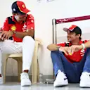 LUSAIL CITY, QATAR - OCTOBER 08: Carlos Sainz of Spain and Ferrari and Charles Leclerc of Monaco and Ferrari talk on the drivers parade prior to the F1 Grand Prix of Qatar at Lusail International Circuit on October 08, 2023 in Lusail City, Qatar. (Photo by Dan Istitene - Formula 1/Formula 1 via Getty Images)