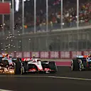 LUSAIL CITY, QATAR - OCTOBER 08: Nico Hulkenberg of Germany driving the (27) Haas F1 VF-23 Ferrari and Alexander Albon of Thailand driving the (23) Williams FW45 Mercedes battle for track position during the F1 Grand Prix of Qatar at Lusail International Circuit on October 08, 2023 in Lusail City, Qatar. (Photo by Dan Istitene - Formula 1/Formula 1 via Getty Images)