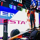 LUSAIL CITY, QATAR - OCTOBER 08: Race winner Max Verstappen of the Netherlands and Oracle Red Bull Racing celebrates in parc ferme during the F1 Grand Prix of Qatar at Lusail International Circuit on October 08, 2023 in Lusail City, Qatar. (Photo by Mark Thompson/Getty Images)
