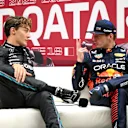 LUSAIL CITY, QATAR - OCTOBER 06: Pole position qualifier Max Verstappen of the Netherlands and Oracle Red Bull Racing and Second placed qualifier George Russell of Great Britain and Mercedes attend the press conference after qualifying ahead of the F1 Grand Prix of Qatar at Lusail International Circuit on October 06, 2023 in Lusail City, Qatar. (Photo by Clive Mason/Getty Images)