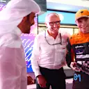 LUSAIL CITY, QATAR - OCTOBER 07: Sprint winner Oscar Piastri of Australia and McLaren is congratulated by Stefano Domenicali, CEO of the Formula One Group, in parc ferme after the Sprint ahead of the F1 Grand Prix of Qatar at Lusail International Circuit on October 07, 2023 in Lusail City, Qatar. (Photo by Dan Istitene - Formula 1/Formula 1 via Getty Images)