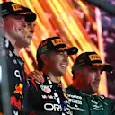JEDDAH, SAUDI ARABIA - MARCH 19: Race winner Sergio Perez of Mexico and Oracle Red Bull Racing celebrates on the podium during the F1 Grand Prix of Saudi Arabia at Jeddah Corniche Circuit on March 19, 2023 in Jeddah, Saudi Arabia. (Photo by Joe Portlock - Formula 1/Formula 1 via Getty Images)