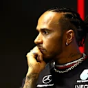 JEDDAH, SAUDI ARABIA - MARCH 16: Lewis Hamilton of Great Britain and Mercedes attends the Drivers Press Conference during previews ahead of the F1 Grand Prix of Saudi Arabia at Jeddah Corniche Circuit on March 16, 2023 in Jeddah, Saudi Arabia. (Photo by Bryn Lennon/Getty Images)