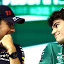 JEDDAH, SAUDI ARABIA - MARCH 16: Sergio Perez of Mexico and Oracle Red Bull Racing and Lance Stroll of Canada and Aston Martin F1 Team talk in the Drivers Press Conference during previews ahead of the F1 Grand Prix of Saudi Arabia at Jeddah Corniche Circuit on March 16, 2023 in Jeddah, Saudi Arabia. (Photo by Bryn Lennon/Getty Images)
