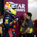JEDDAH, SAUDI ARABIA - MARCH 18: Pole position qualifier Sergio Perez of Mexico and Oracle Red Bull Racing celebrates in parc ferme during qualifying ahead of the F1 Grand Prix of Saudi Arabia at Jeddah Corniche Circuit on March 18, 2023 in Jeddah, Saudi Arabia. (Photo by Mark Thompson/Getty Images)