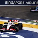 SINGAPORE, SINGAPORE - SEPTEMBER 15: Nico Hulkenberg of Germany driving the (27) Haas F1 VF-23 Ferrari runs wide during practice ahead of the F1 Grand Prix of Singapore at Marina Bay Street Circuit on September 15, 2023 in Singapore, Singapore. (Photo by Bryn Lennon - Formula 1/Formula 1 via Getty Images)
