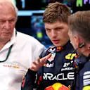 SINGAPORE, SINGAPORE - SEPTEMBER 15: Max Verstappen of the Netherlands and Oracle Red Bull Racing talks with Red Bull Racing Team Principal Christian Horner in the garage during practice ahead of the F1 Grand Prix of Singapore at Marina Bay Street Circuit on September 15, 2023 in Singapore, Singapore. (Photo by Dan Istitene - Formula 1/Formula 1 via Getty Images)